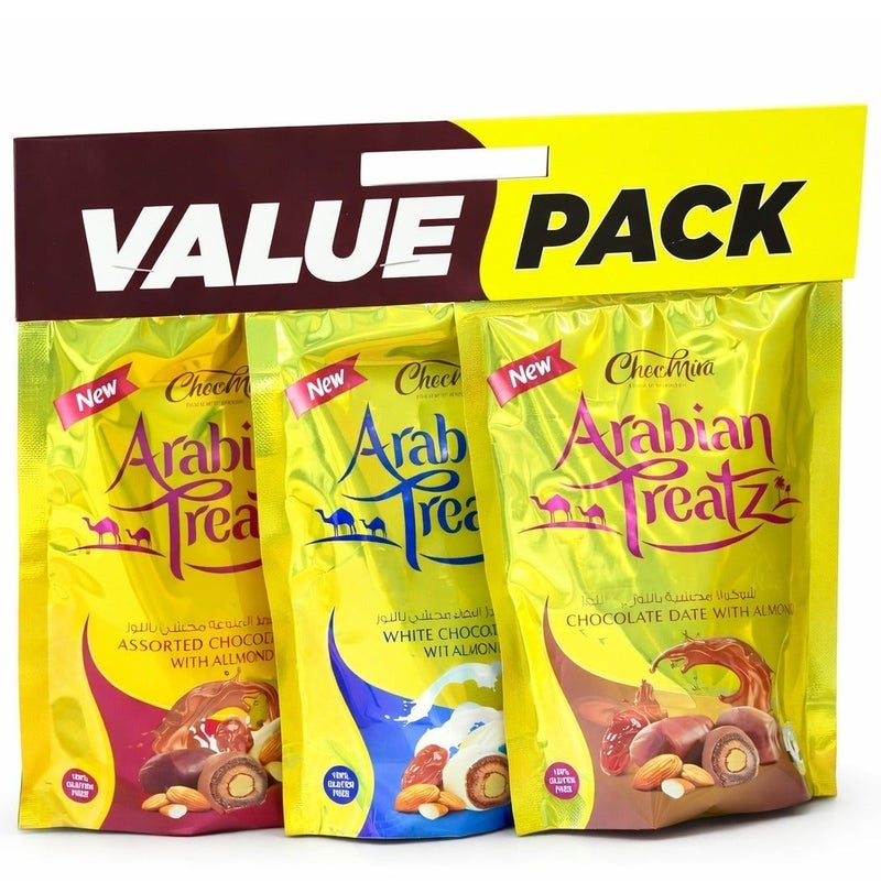 Arabian Treatz Chocomira Arabian Treatz Value Pack – Chocolate Dates with Almonds Assorted – 100% Gluten Free – Premium Middle Eastern Sweets – Gift Pack – 3 x 100g Pouches - Image 3